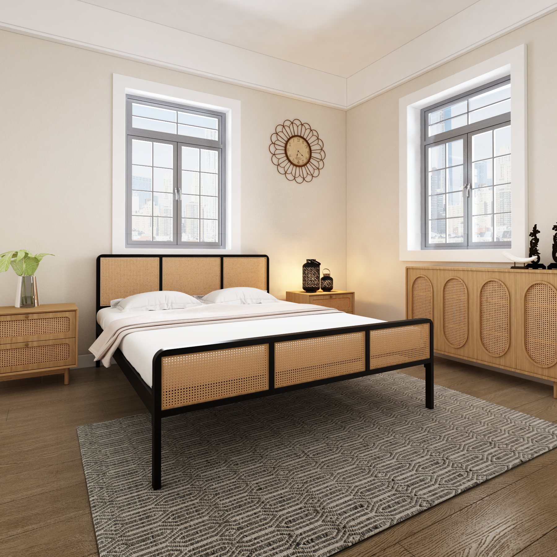 Homdec Capella Cane Queen Size Bed Brown