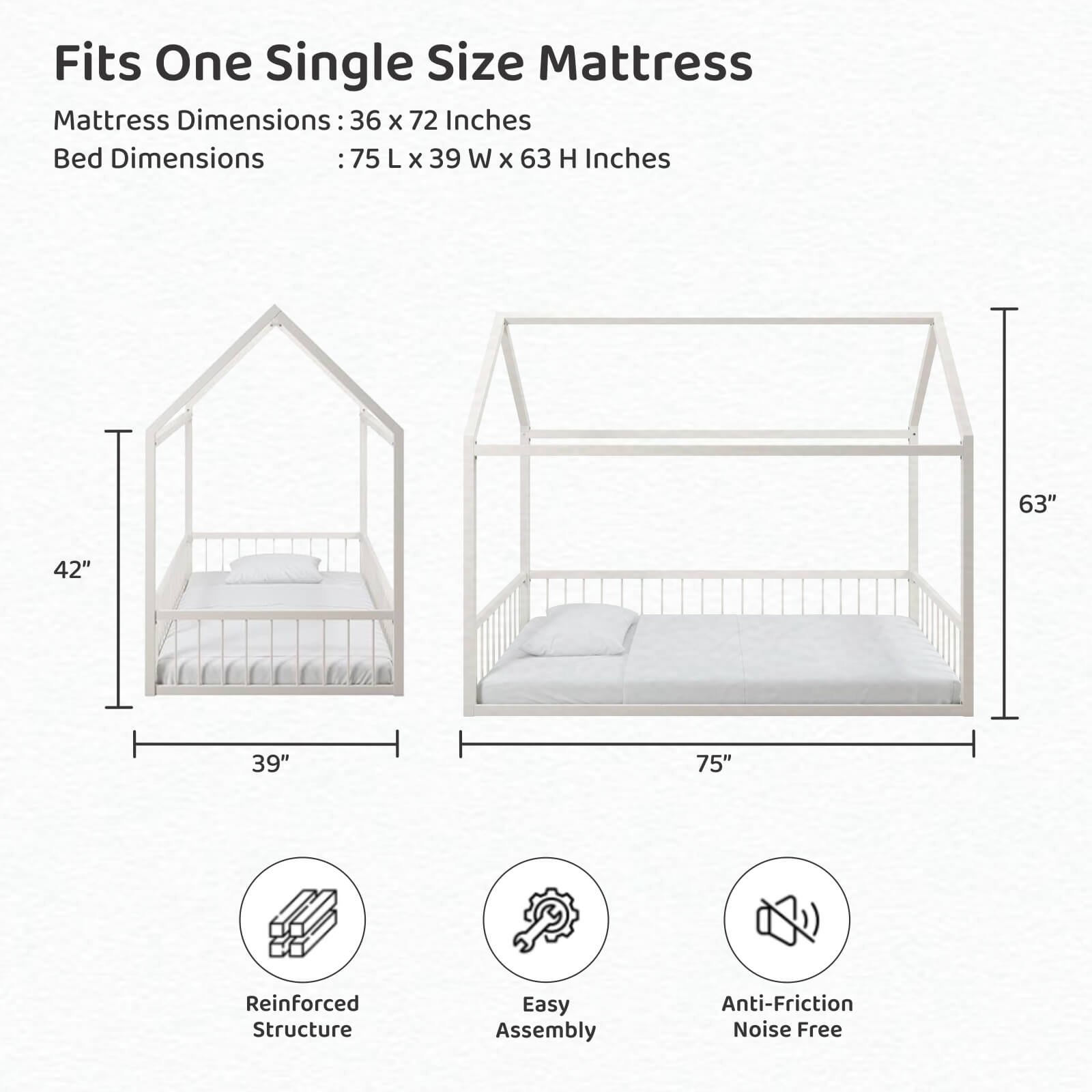 Homdec Irena Metal Montessori Floor Bed for Kids, House Bed for Boys and Girls.