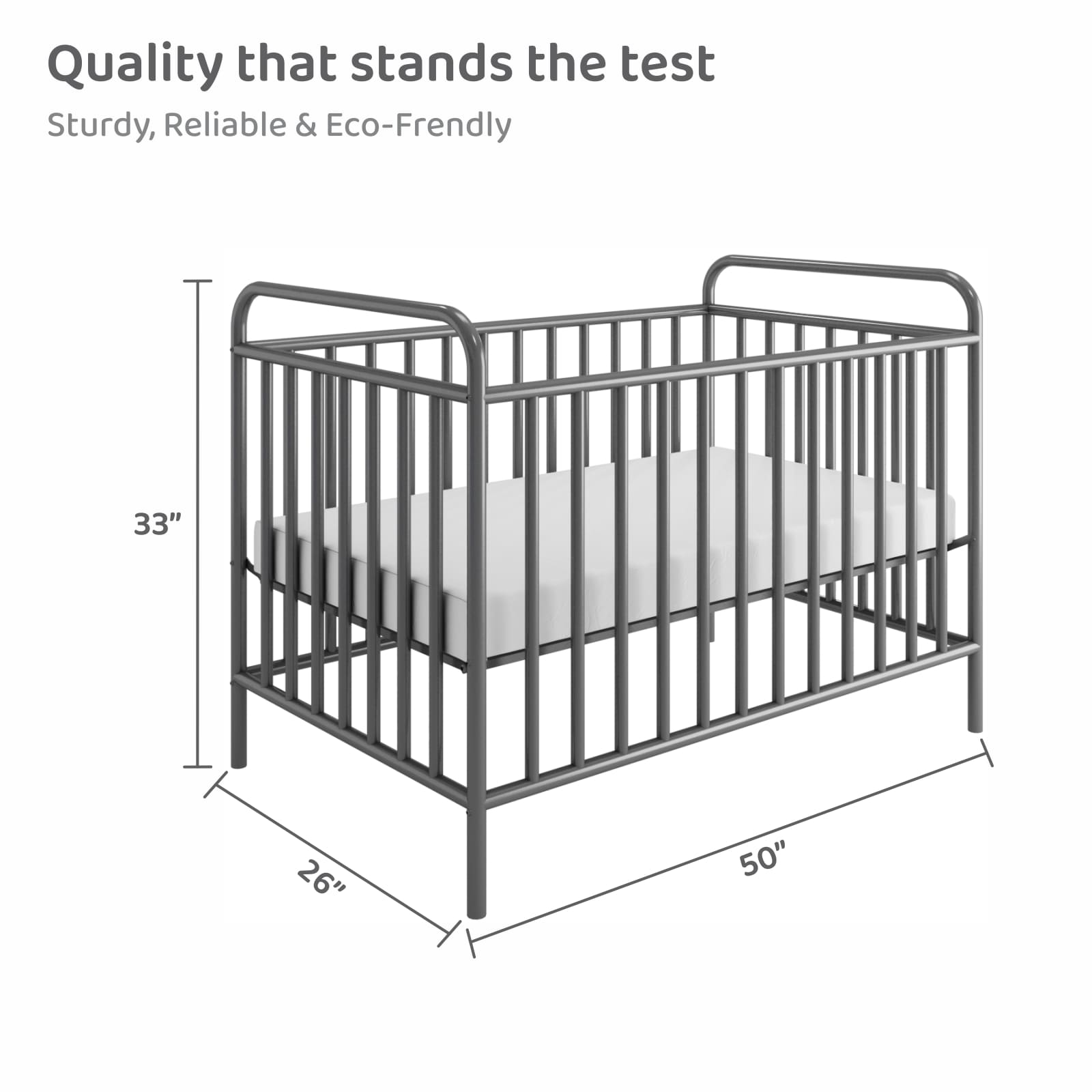 Homdec Canopus Metal Baby Crib/ Baby Cot with 3 Height Adjustable Mattress Positions (Grey)